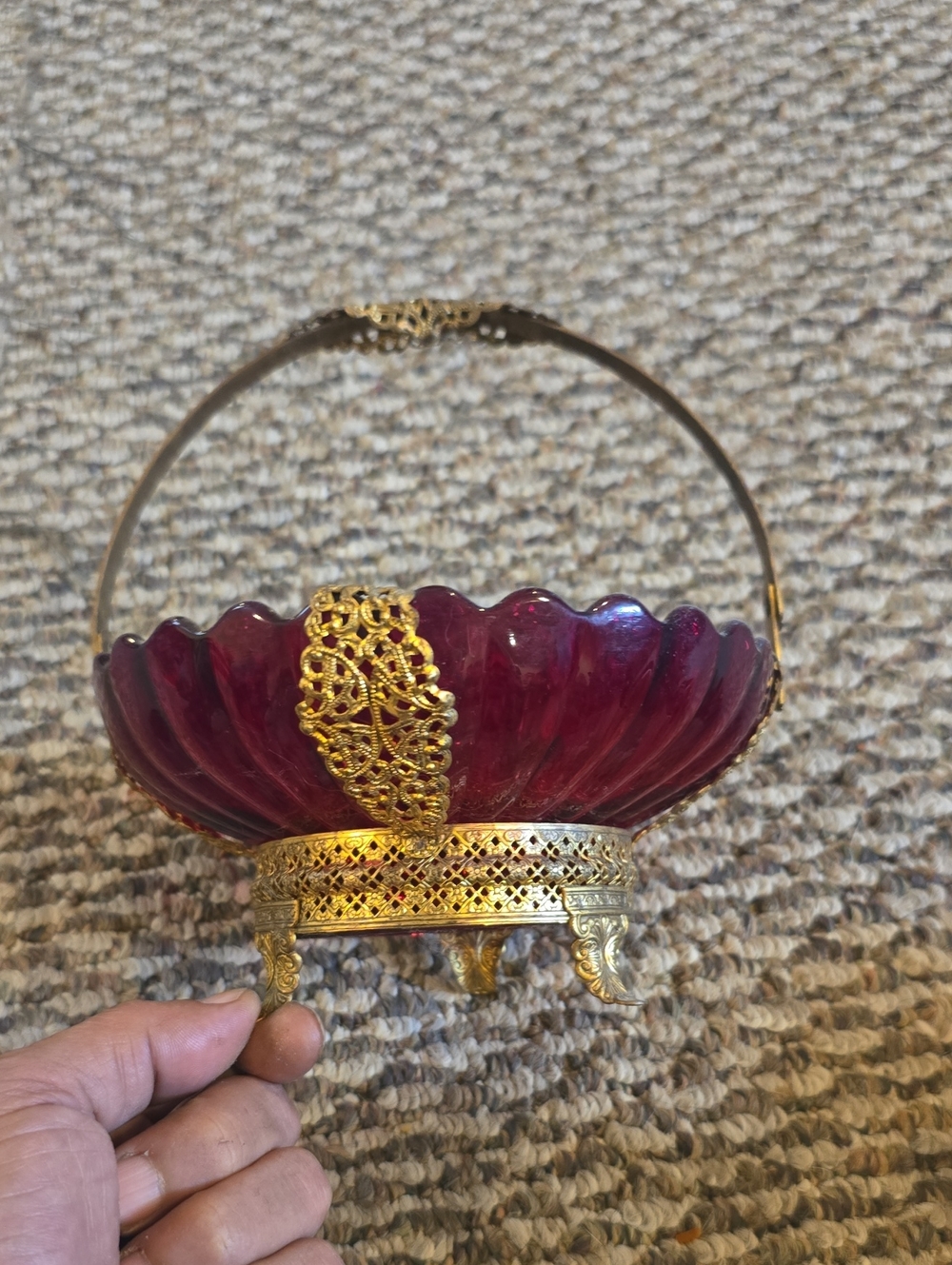 Vintage Decorative Ruby Red Glass & Gold Filigree Basket